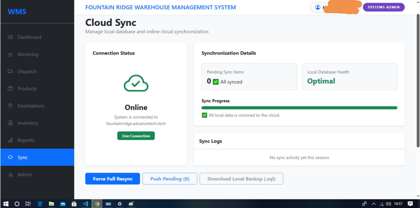 WMS Cloud Sync — live connection status and sync progress